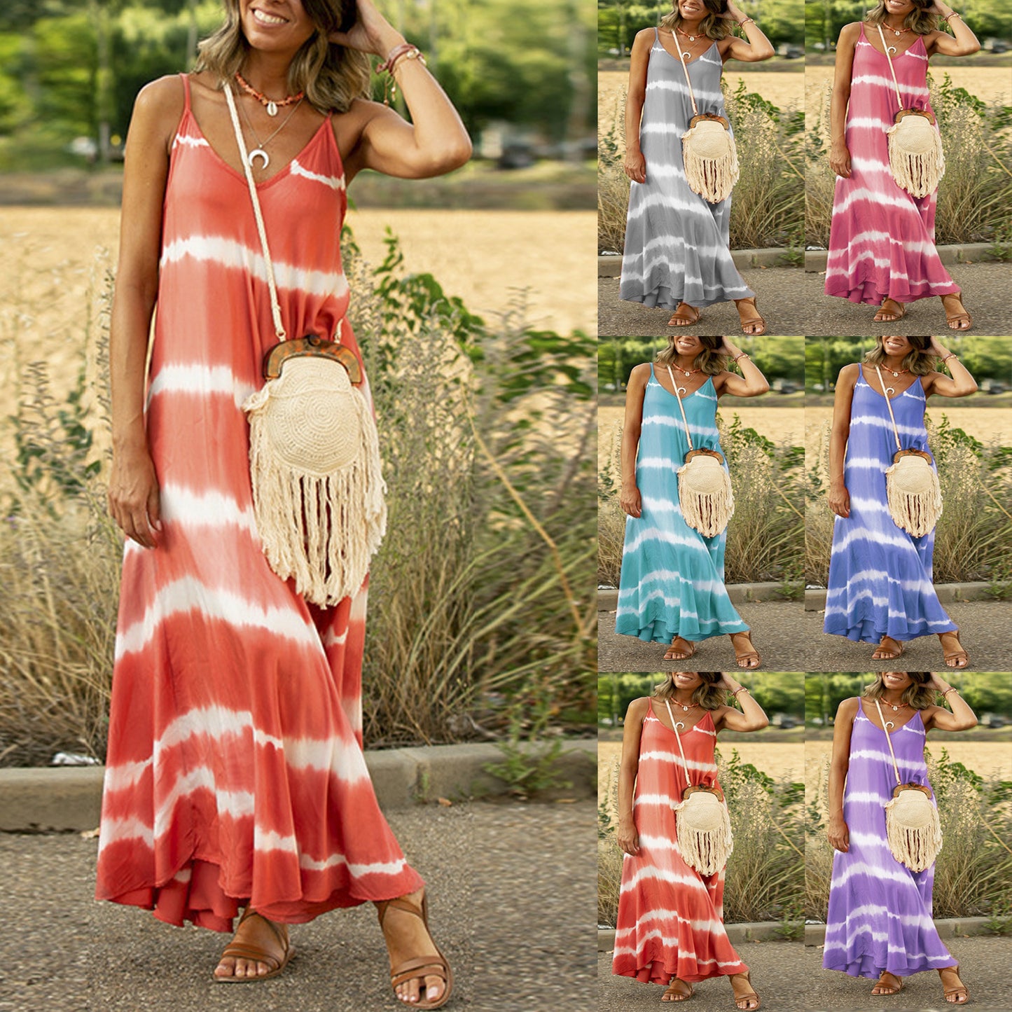 Women's Sexy Orange Printed Striped Plus Size Maxi Loose Dress