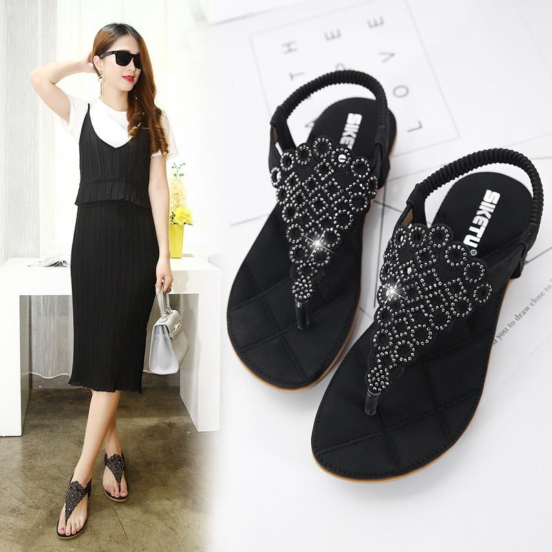 Japanese Sandals Summer Women Embroidered Thread Rhinestone Flat Shoes Large Size Flat Shoes - FLIPSTYLEZLLC