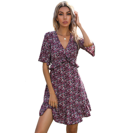 Women's Summer Floral Short Sleeve  Back Ruffle Dress