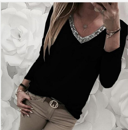 Women's Stitching V Neck Sequin Long Sleeve T-shirt Plus Size Top