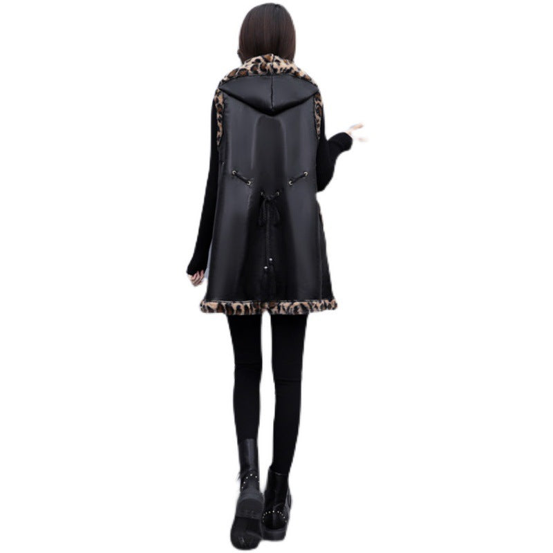 Plus Size Women's Leopard Rabbit Plush Vest Coat