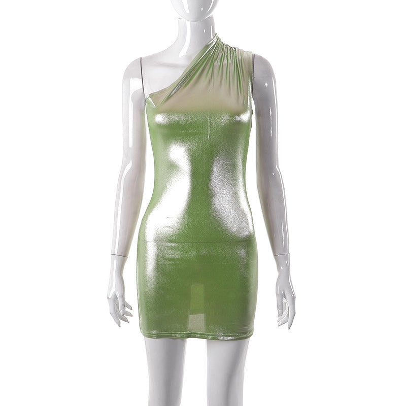 New One-shoulder Sleeveless Slim Wrap Buttock Bright Face Hot Girl Dress
