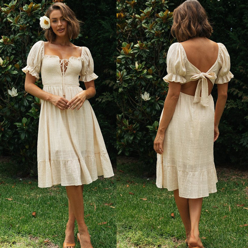 Fashion Tie Back Ruffle Sleeve Midi Dress