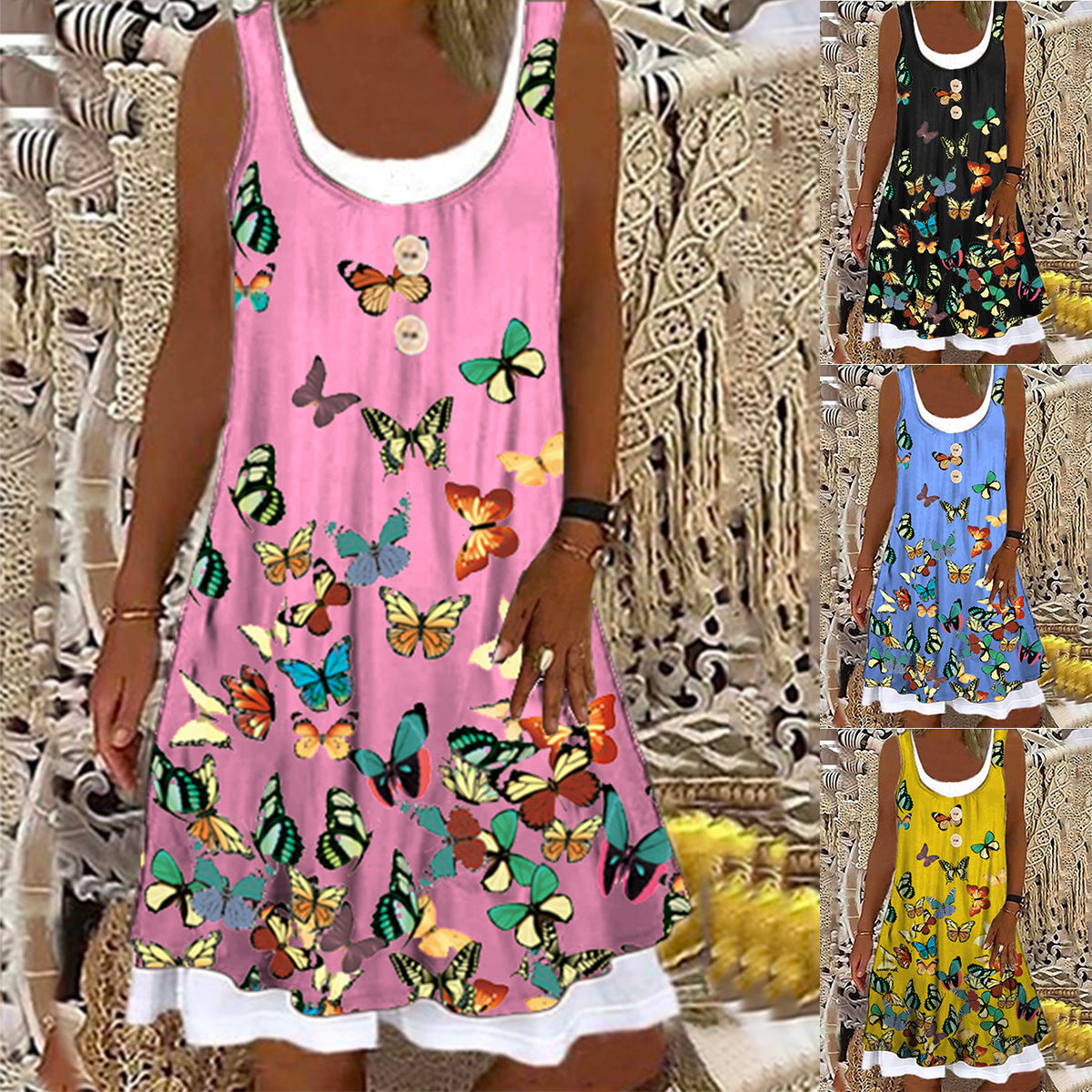 New Product Printed Butterfly Big Swing Mid-Skirt Sleeveless Tight-Fitting Button Dress