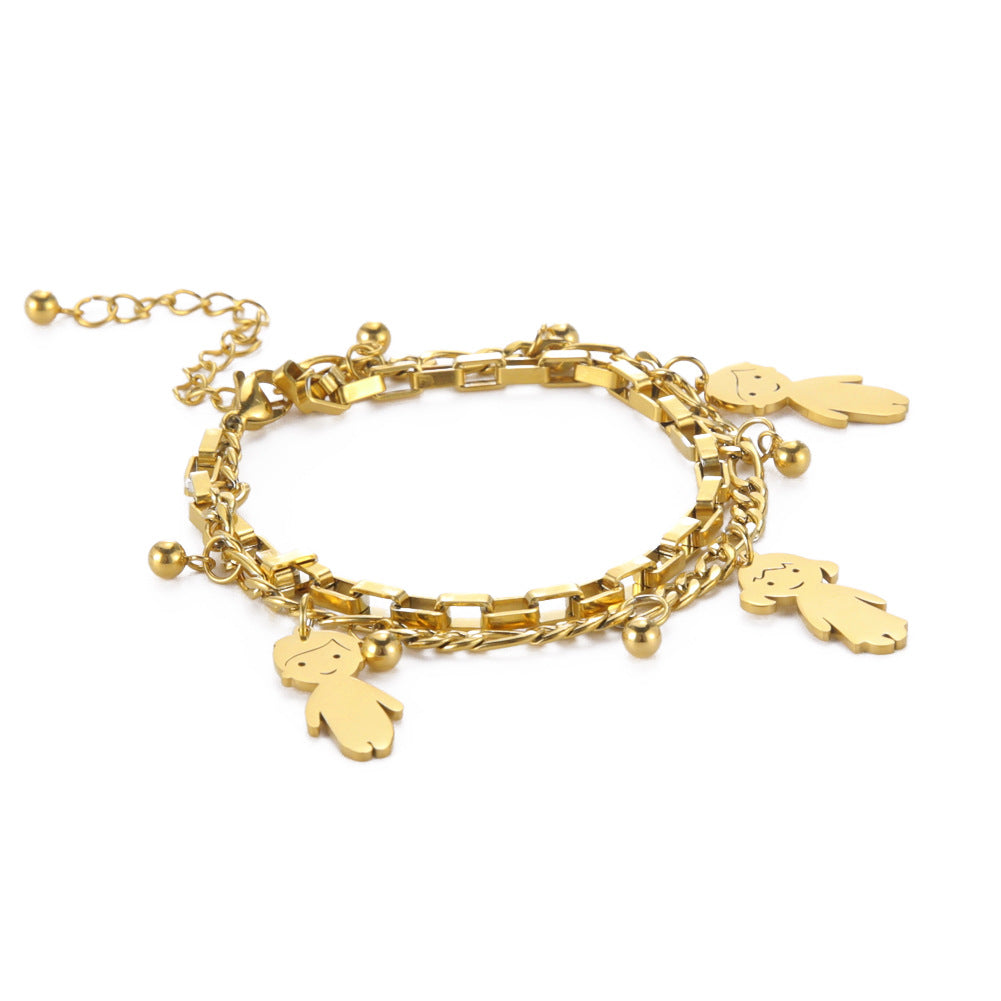 Cartoon Character Titanium Steel Ball Figaro Chain Double Layer Bracelet