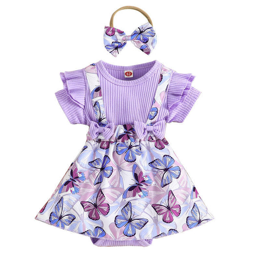 Little Girl Butterfly Print Dress Romper Skirt Scarf Two-piece Set