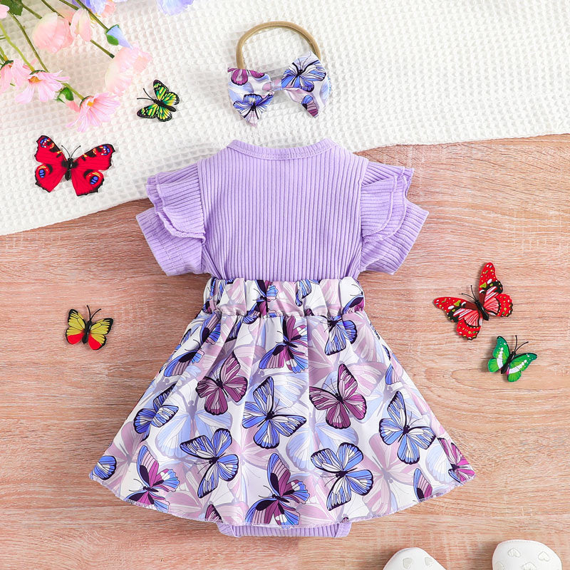 Little Girl Butterfly Print Dress Romper Skirt Scarf Two-piece Set