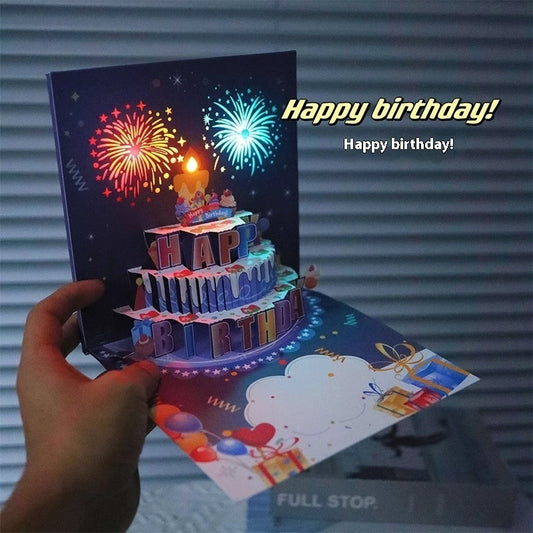 Ins Style Birthday Cake Music Light 3D Stereoscopic Greeting Cards High-end Creative Fireworks Display Effect Audio Card Cross-border