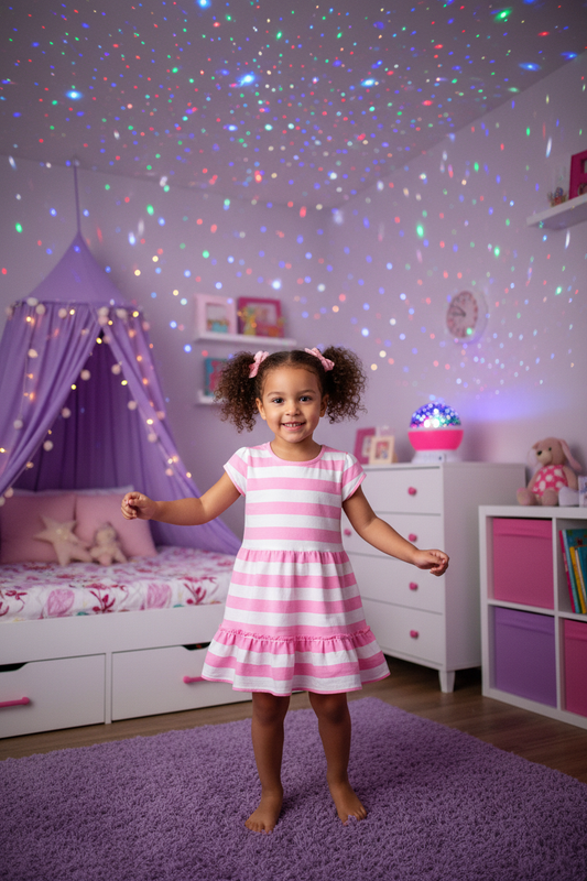Girl dancing with star projector on dresser