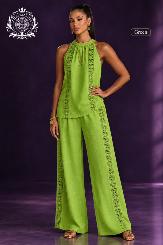 Green halter pants set full-body model