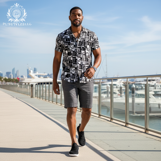 Man in coordinated black summer wear with black shoes