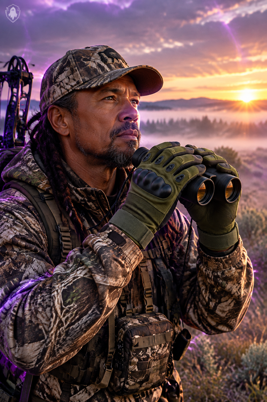Mixed Black/Blackfoot man hunting with army green gloves