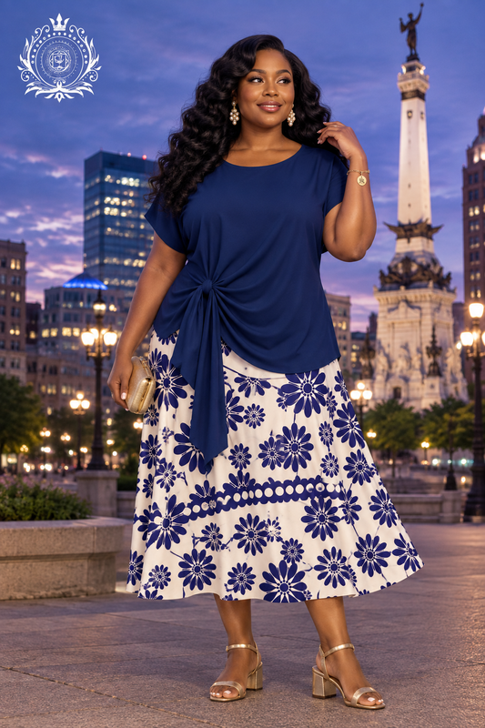 Navy tie-front top styled with a floral midi skirt