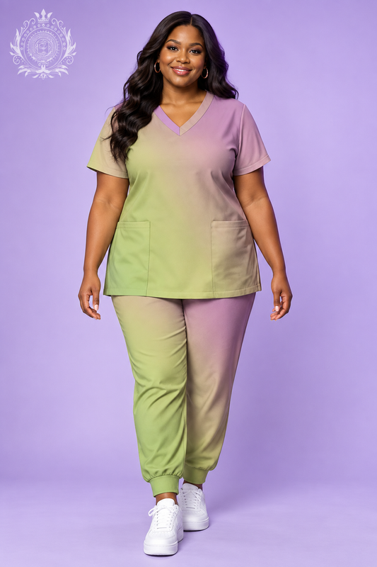 Pastel scrub-style outfit walking model