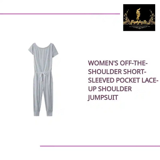 Women's Off-the-shoulder Short-sleeved Pocket Lace-up Shoulder Jumpsuit by@Outfy