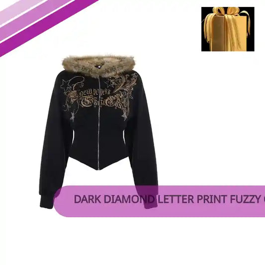 Dark Diamond Letter Print Fuzzy Collar Irregular Sweatshirt Casual Top by@Outfy