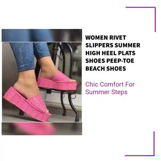 Women Rivet Slippers Summer High Heel Plats Shoes Peep-toe Beach Shoes by@Outfy