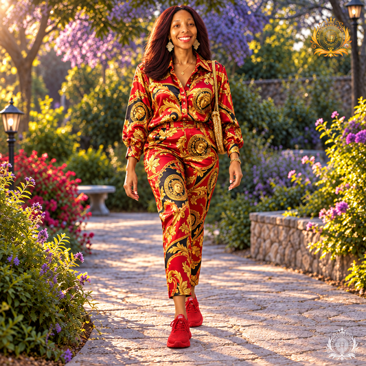 Red-gold all-over-print look with the shoes