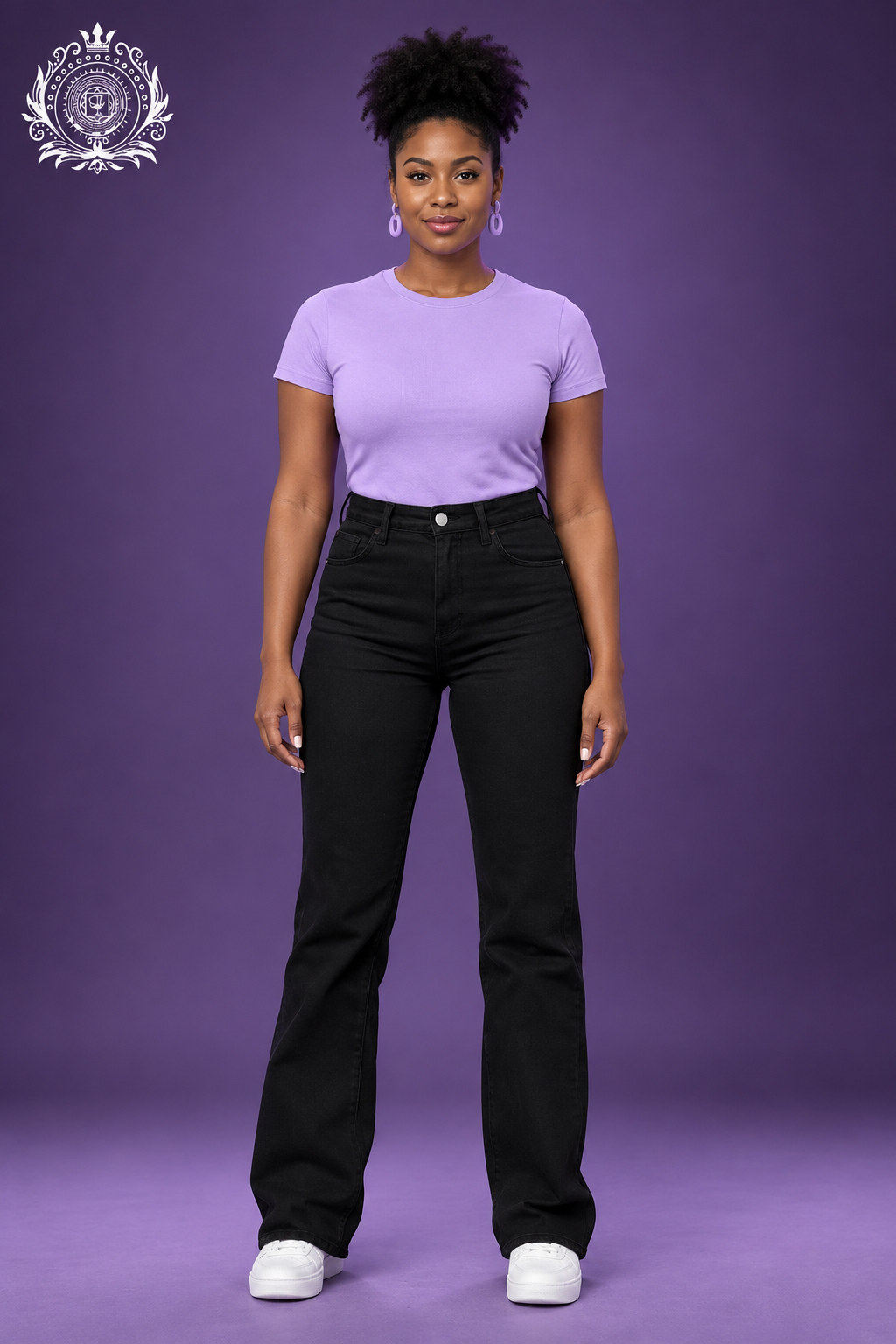 Replacement black jeans model with lavender tee and white sneakers