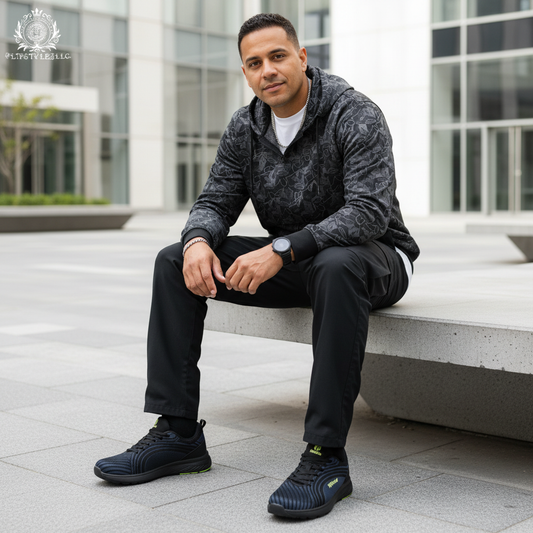 Single man wearing Jet Black wide-fit walking shoes
