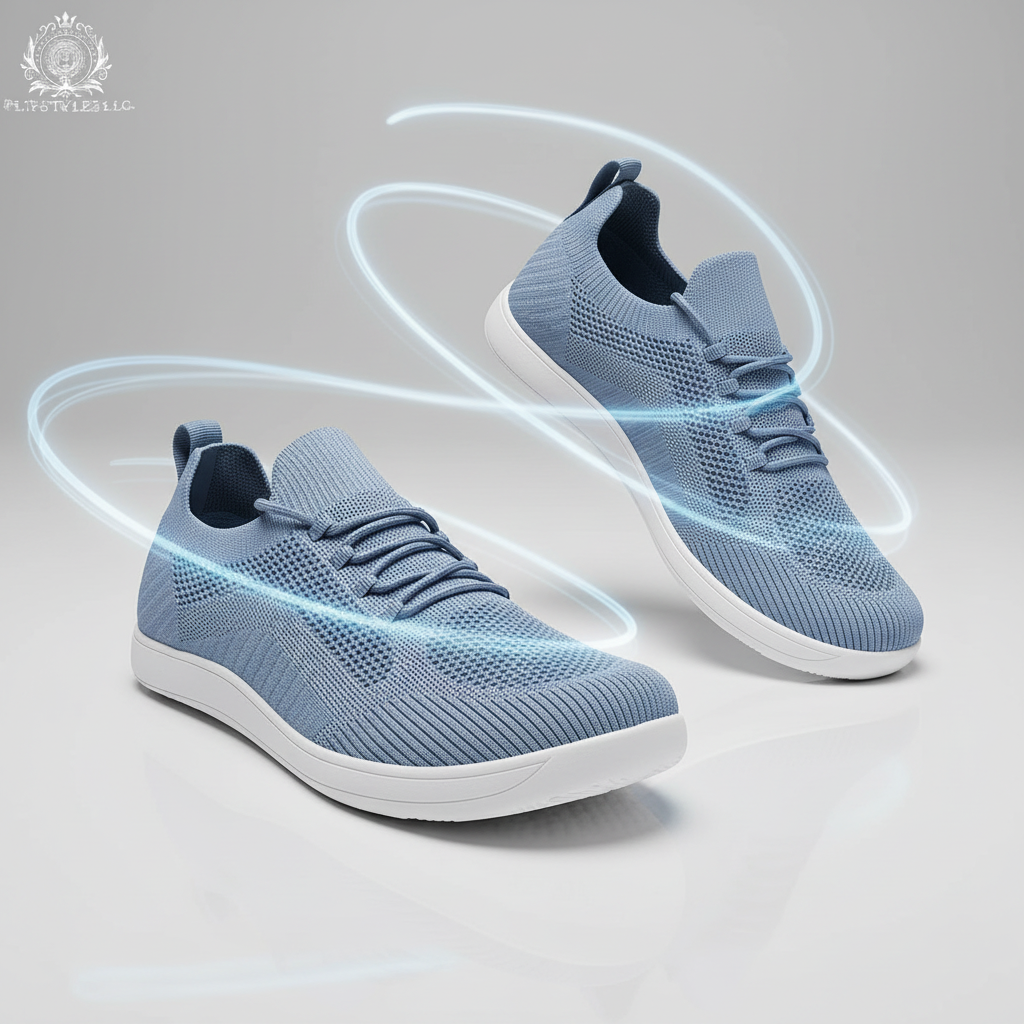 Sky-blue wide-toe shoes in an airy modern studio