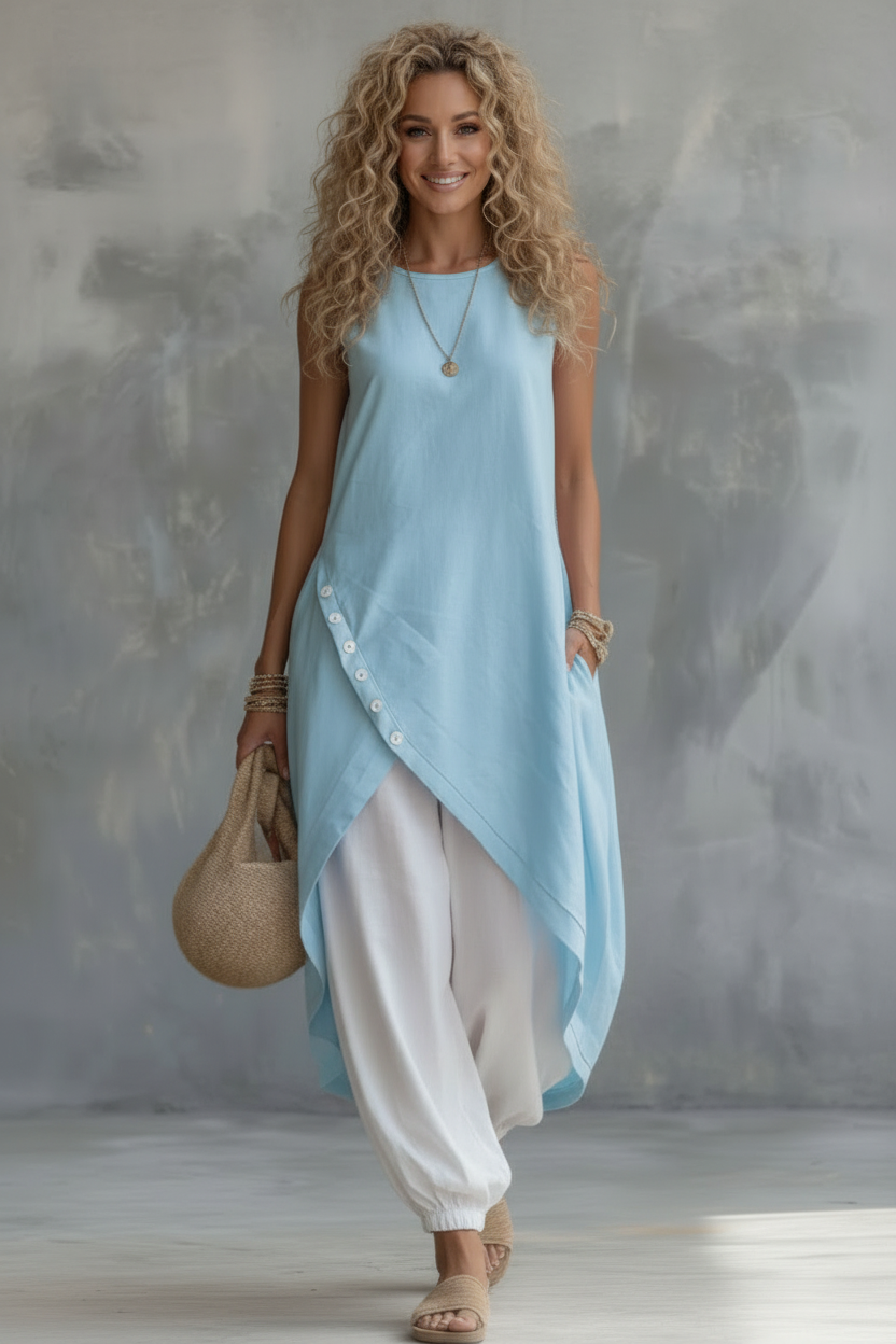 Thick full curly blonde model in sky blue outfit