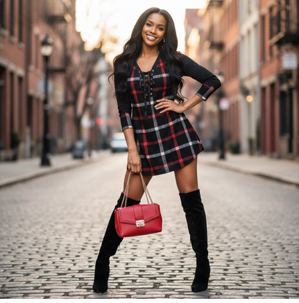 New cute Wine Red Spring And Autumn Printed Plus Size Long Sleeve Plaid Dress for young adult