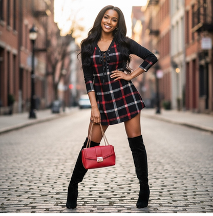 New cute Wine Red Spring And Autumn Printed Plus Size Long Sleeve Plaid Dress for young adult