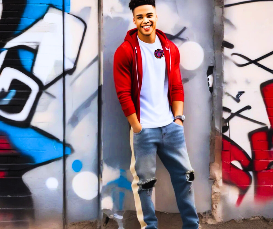 Trendy modern style for young Men's cream Striped Ripped in the knees blue Jeans