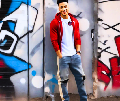 Trendy modern style for young Men's cream Striped Ripped in the knees blue Jeans