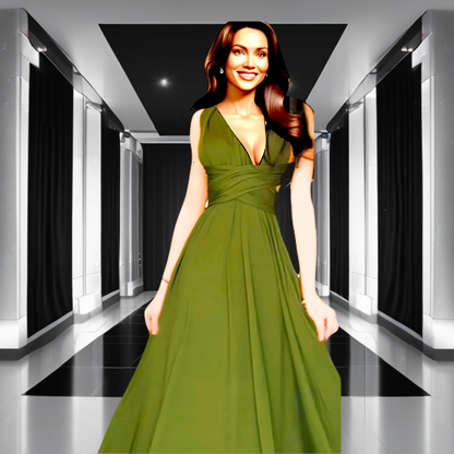 Elegant Vintage Green Plus Size V Neck long Dress Women's