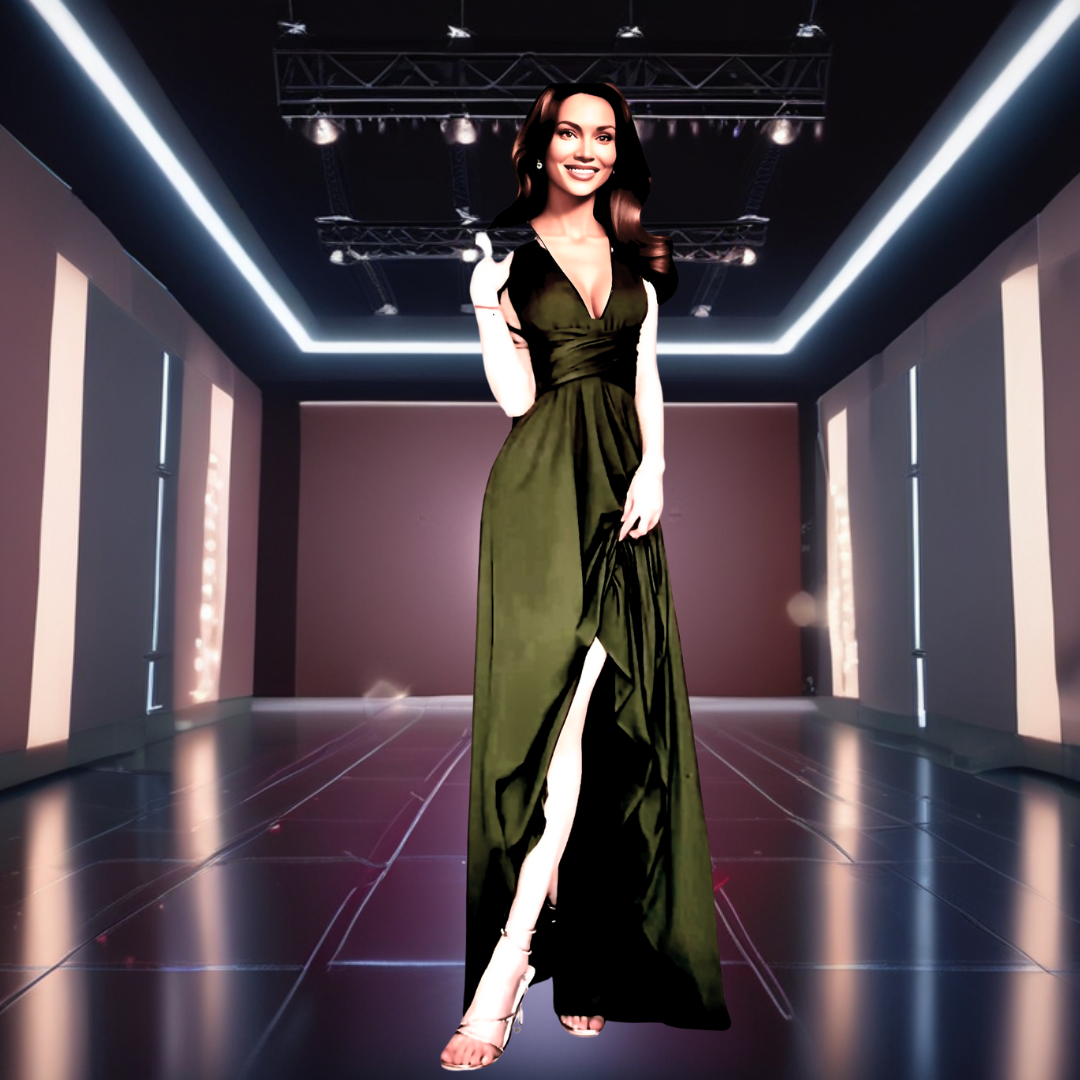 Elegant Vintage Green Plus Size V Neck long Dress Women's