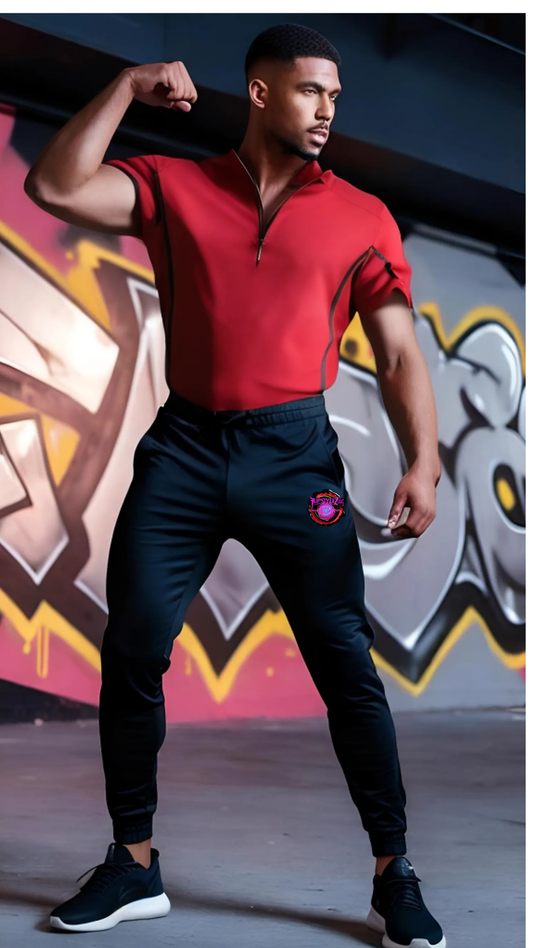 Sportswear Men's RED TSHIRT WITH  ZIPPER COLLAR SHORT SLEEVE TSHIRT, THIN ALL BLACK JOGGER PANTS SET