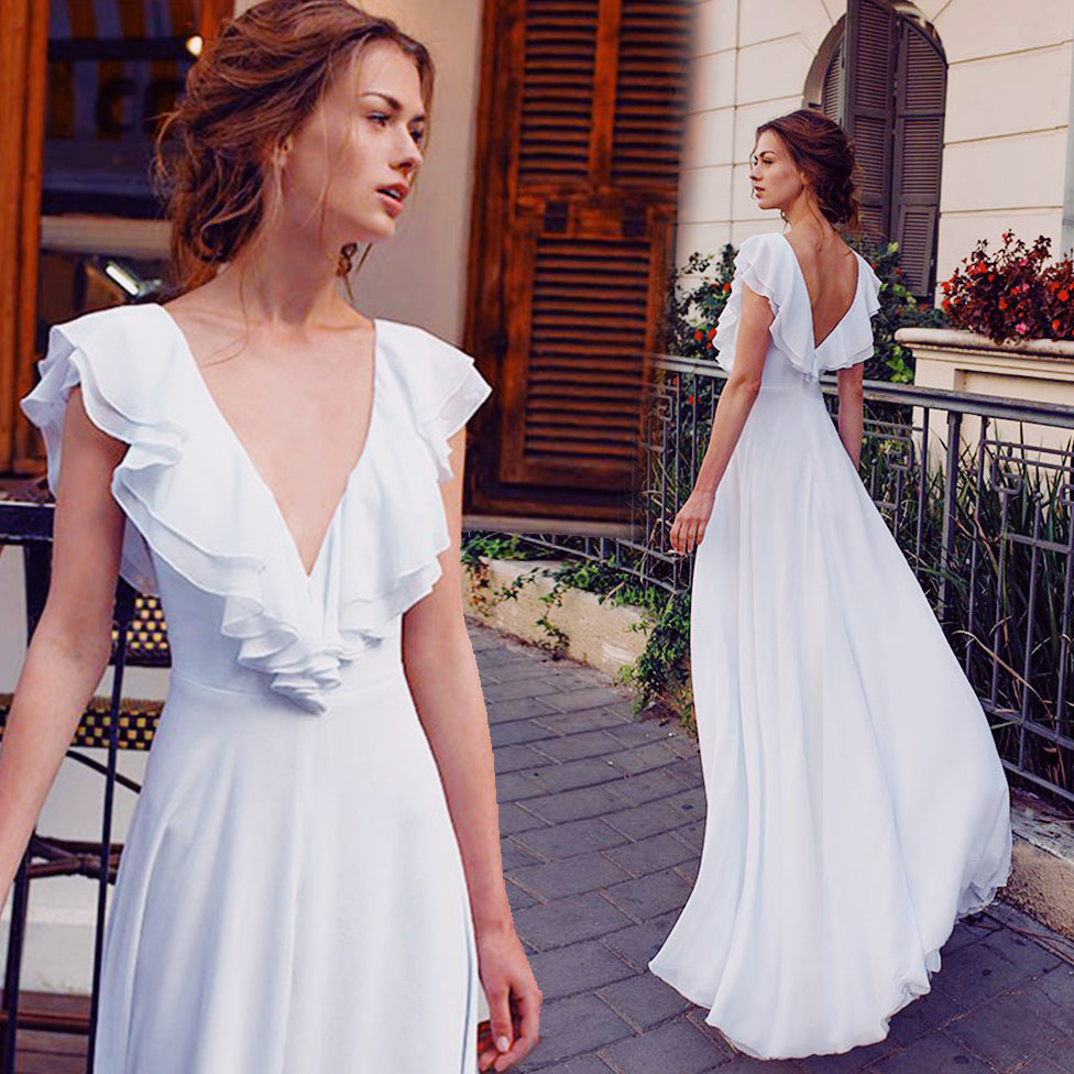 Deep V Neck Bridal Holiday Backless Wedding Dress