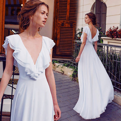 Deep V Neck Bridal Holiday Backless Wedding Dress
