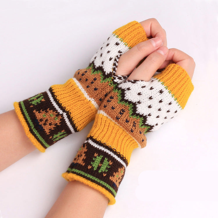 Christmas Tree Thick Wool Fingerless Knitted Gloves