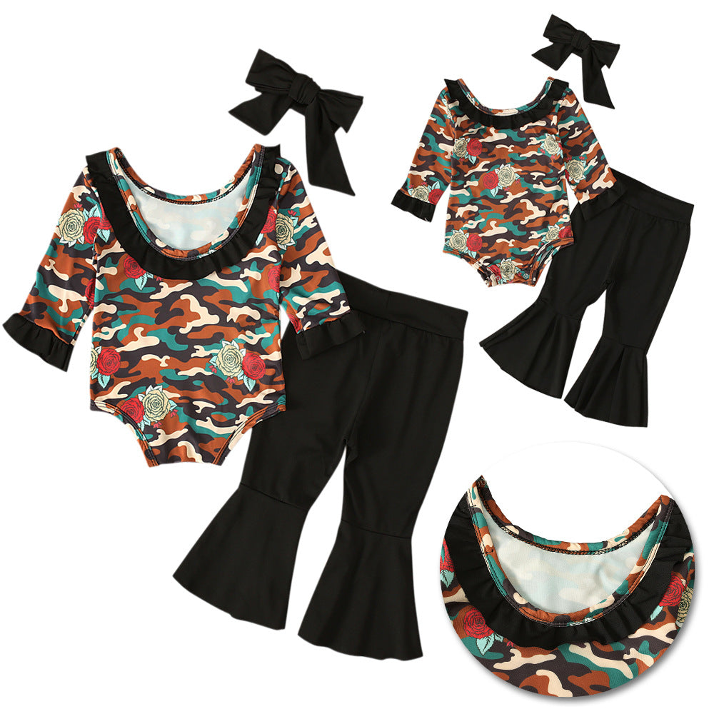 Girls Camouflage Long Sleeve Romper Black Flared Trousers Headband Set