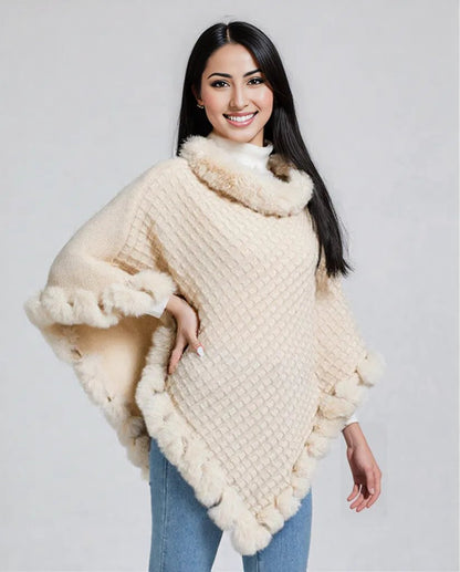 New Luxury Rabbit Fur Collar Shawl Cape for women Elegant Autumn Winter Fashion