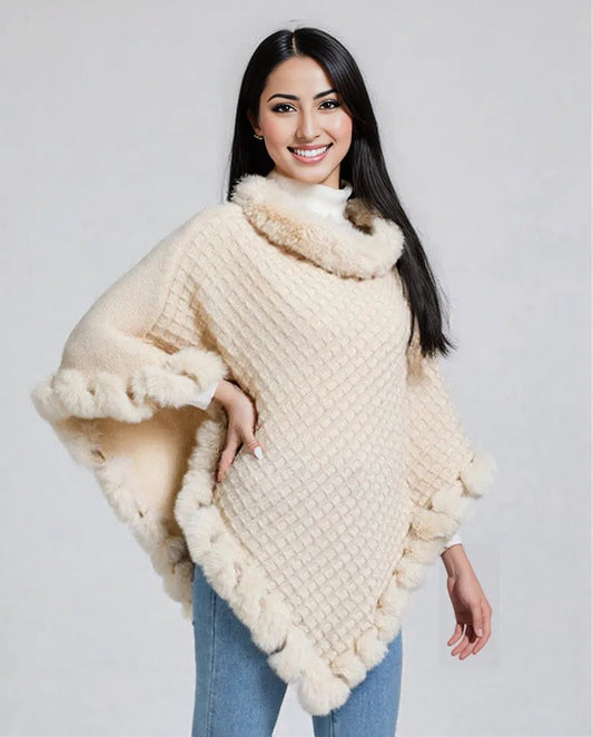 New Luxury Rabbit Fur Collar Shawl Cape for women Elegant Autumn Winter Fashion