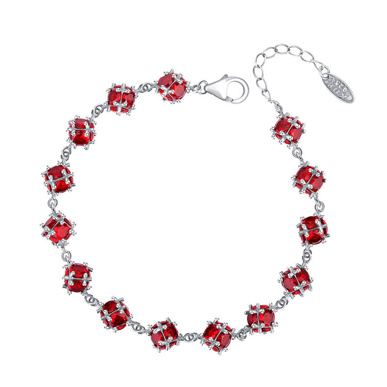 S925 Sterling Silver Glazed Red Zirconium Lucky Ball Bracelet Female