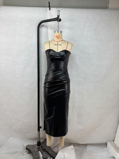 Tube Top Women's Tight Leather Maxi Dress