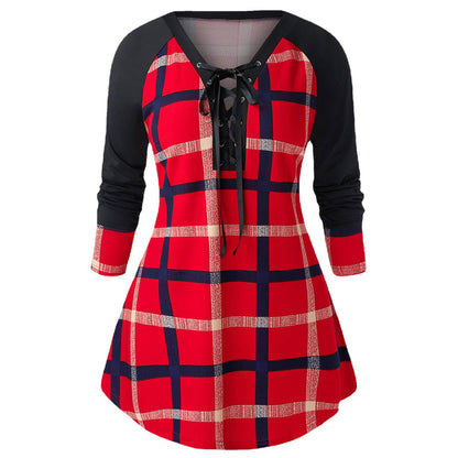 New cute Wine Red Spring And Autumn Printed Plus Size Long Sleeve Plaid Dress for young adult