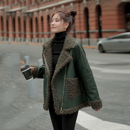 Women's Pure Lamb Wool Solid Color Coat With Fur