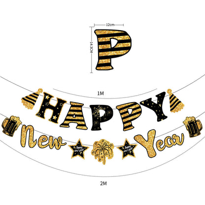 Happy New Year Hanging Flag Colorful Flag Black Gold Letter Pendant