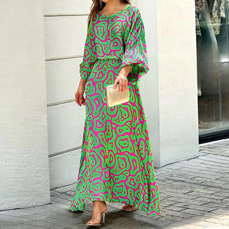 New Loose Plus Size Printed Long Sleeve Shirt High Waist Skirt Suit