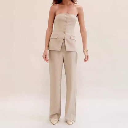Graceful Tube Top Suit Fashion Button Sleeveless Top And Straight Pants Women's Trousers Set