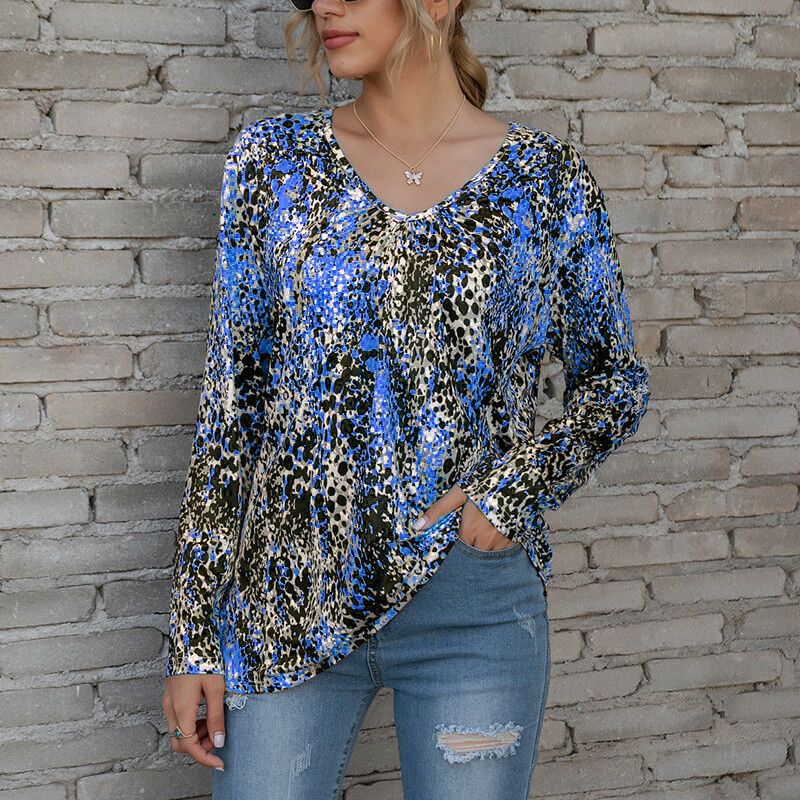 Ladies V-Neck Pleated Print Long-Sleeved Plus Size T-Shirt Top