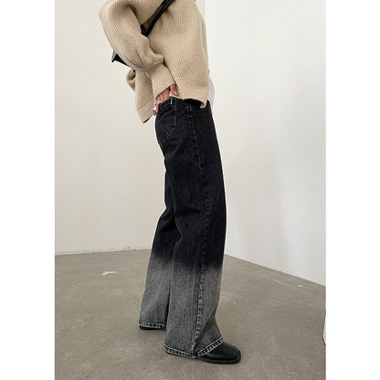 Gradient High Waist Washed Dark Skinny Washed Straight Jeans Trousers Women