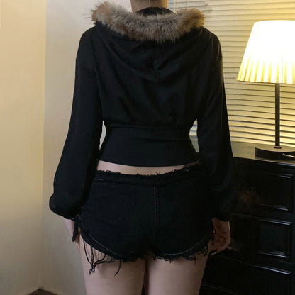 Dark Diamond Letter Print Fuzzy Collar Irregular Sweatshirt Casual Top