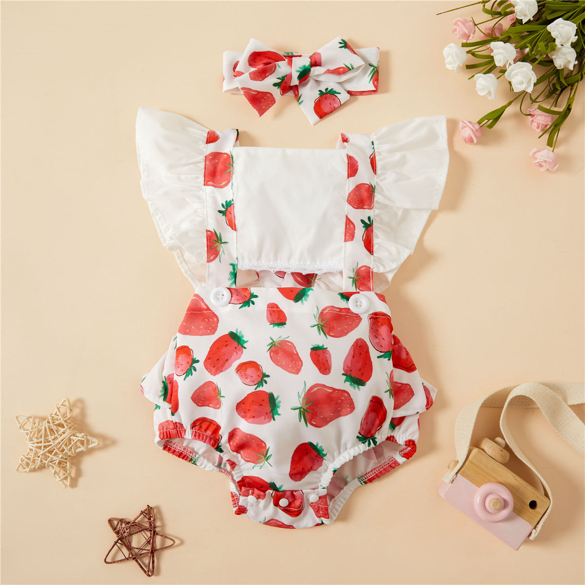 Spring And Summer New Watermelon Strawberry Printing Flounced Sleeve Sling Romper Headband Set